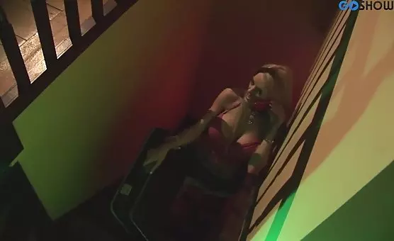 Blonde Temptress in Red Dress Teases Masked Lover